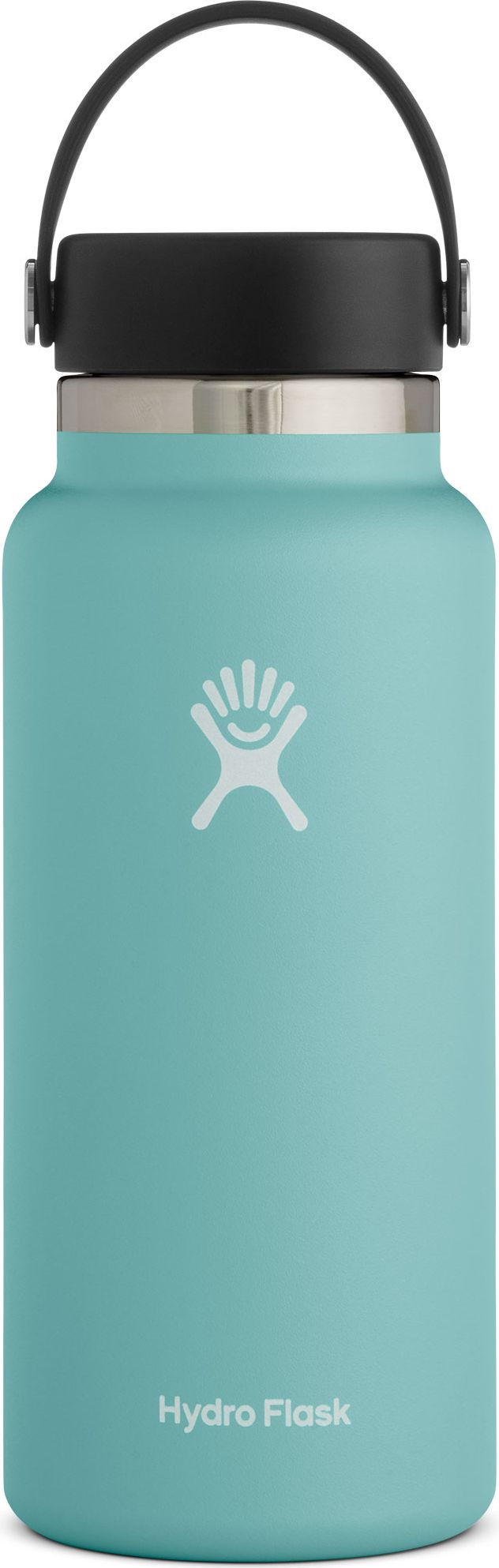 A teal Hydro Flask with a black lid and handle.
