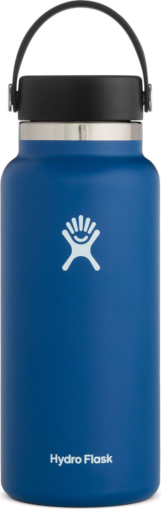 Blue water bottle with a black cap and handle.