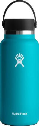 A teal Hydro Flask water bottle with a black cap and handle.