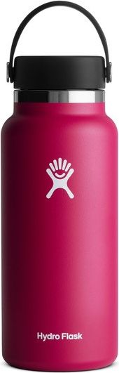A red water bottle with black lid and handle.
