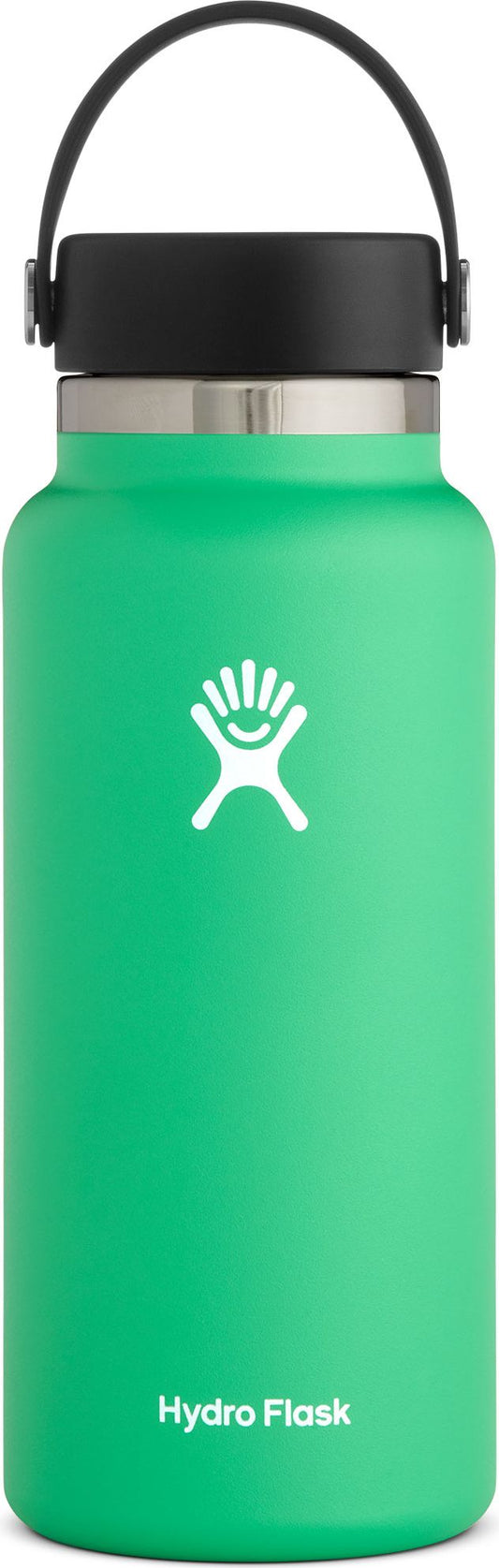 A green water bottle with a black cap and a carrying handle.