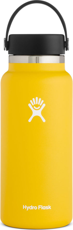 A yellow water bottle with a black lid and a black carrying handle.