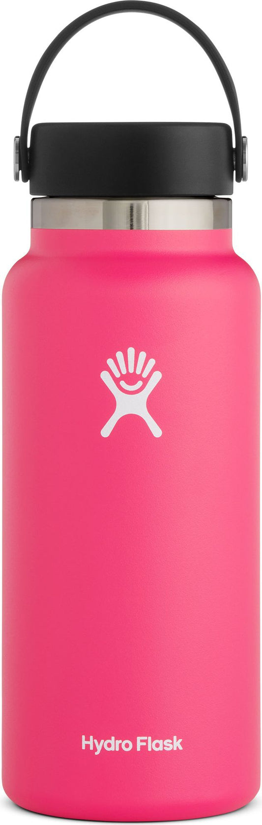 A pink water bottle with a black cap and handle.
