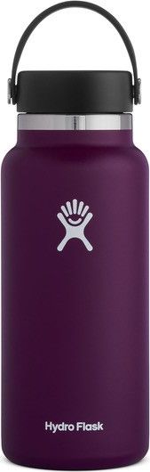 A purple Hydro Flask water bottle with a black lid and carrying handle.