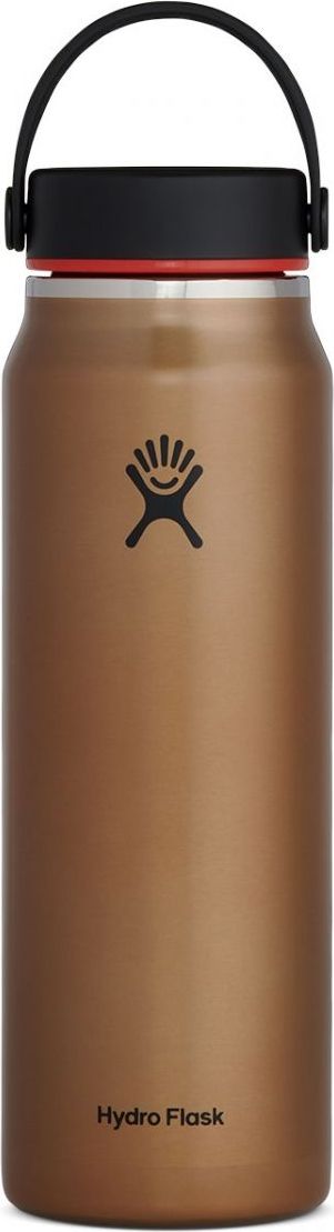 A brown flask with a black lid and handle, featuring a logo and the text "Hydro Flask".