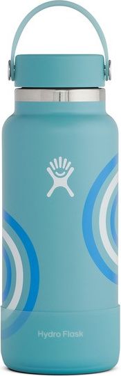A light blue water bottle with a handle and a white logo and blue stripes.