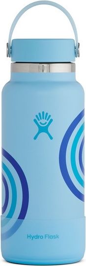 light blue water bottle with a blue handle, cap, logo, and rainbow decoration