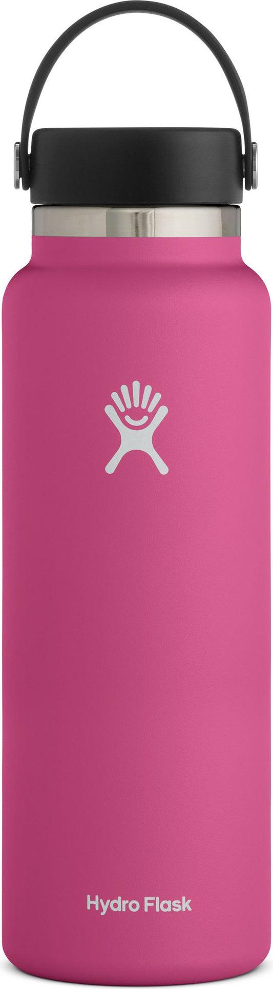 A pink water bottle with a black lid and handle.