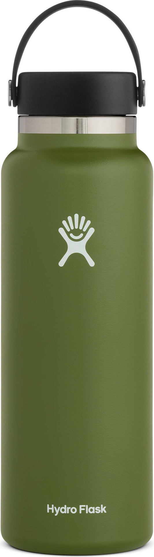 Green water bottle with a black handle and lid. The water bottle has a white logo and "Hydro Flask" written on it.