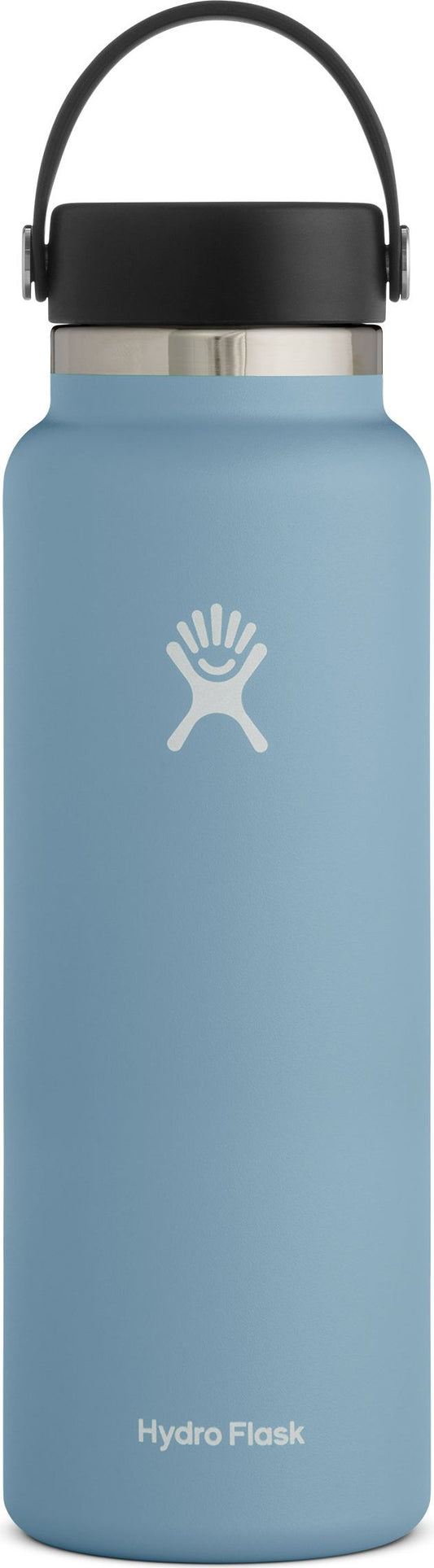 A light blue water bottle with a black lid and carrying strap.