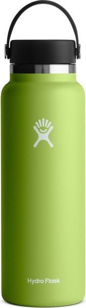 A light green, insulated water bottle with a black cap and handle. The bottle has a white logo of a figure with outstretched arms.
