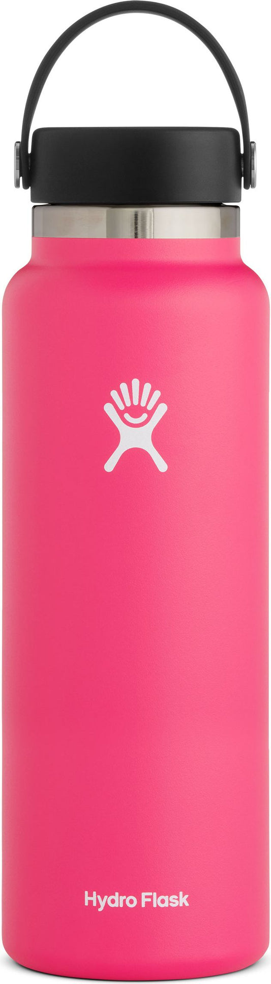 A pink water bottle with a black cap and handle.