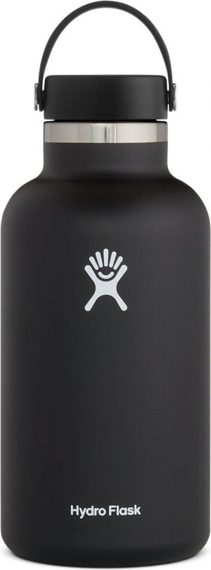 Black water bottle with a carrying handle and a logo of a figure with a smiling face on the body.