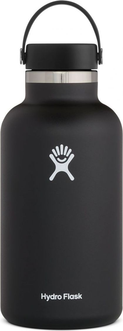Black water bottle with a carrying handle and a logo of a figure with a smiling face on the body.