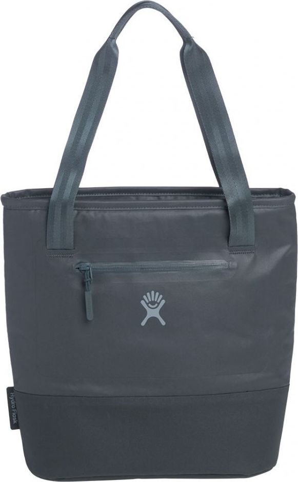 Gray cooler tote bag with carrying handles and small front zipper pocket; logo visible in center.