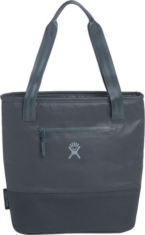 Gray cooler tote bag with carrying handles and small front zipper pocket; logo visible in center.