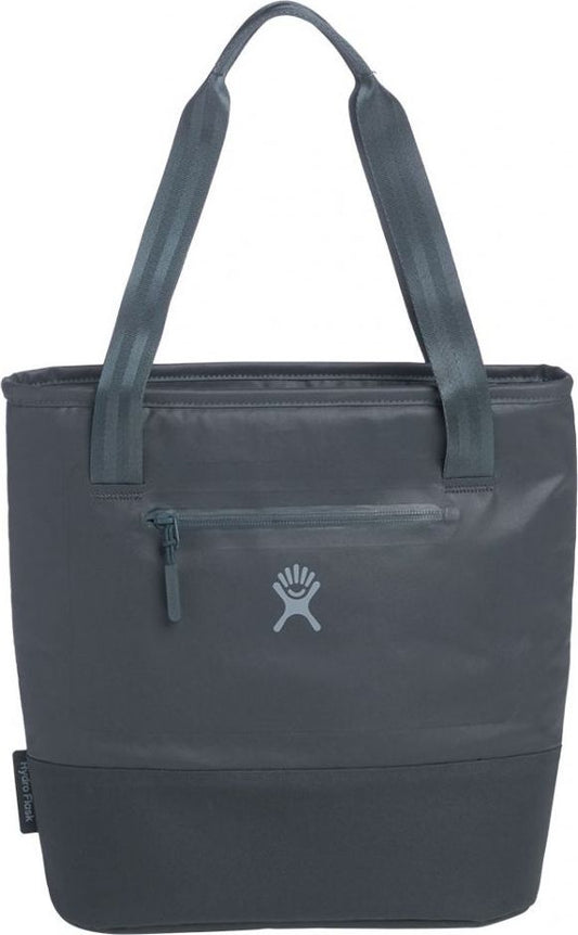 Gray cooler tote bag with carrying handles and small front zipper pocket; logo visible in center.