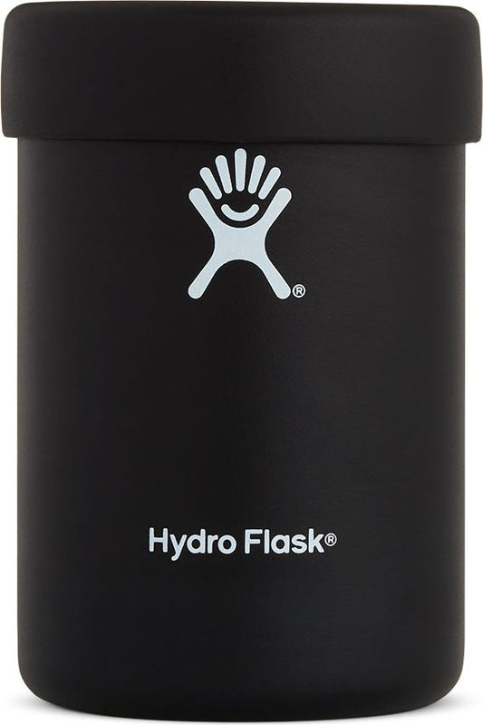 Black container with white logo and the text "Hydro Flask" printed on it.