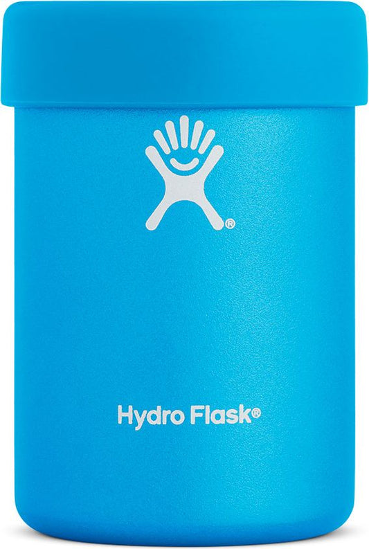 Blue can cooler with white logo and "Hydro Flask" text.