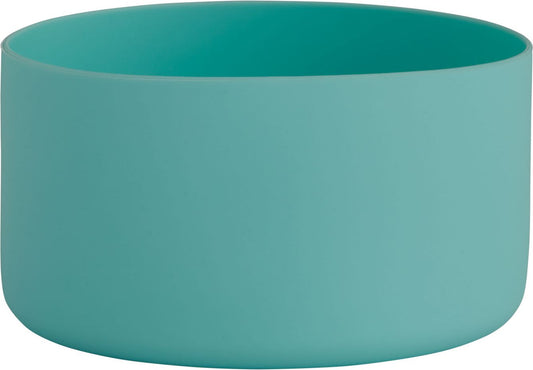 Turquoise silicone boot cover for a wide-mouthed bottle.
