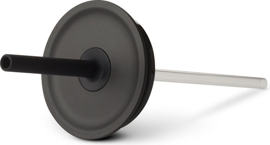 Straw and lid combo with a dark gray lid and a black and clear straw.