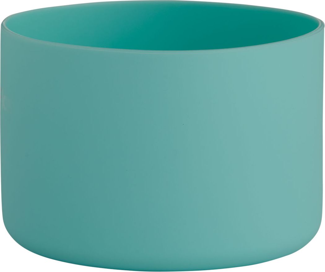 Teal cylindrical silicone boot for a water bottle.