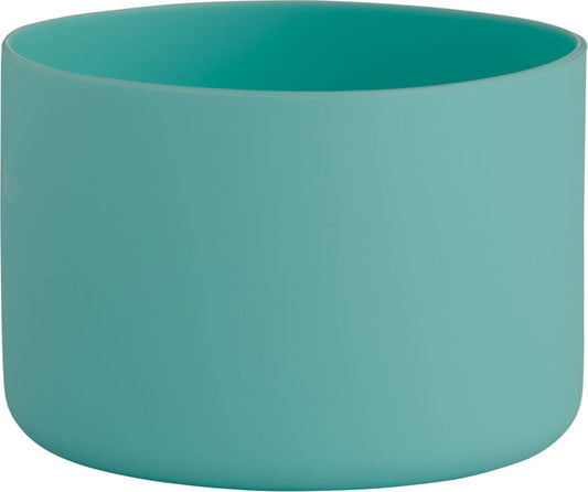 Teal cylindrical silicone boot for a water bottle.