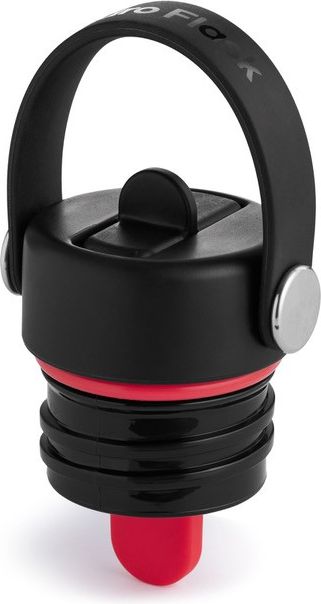 Water bottle cap with black body, red seal, flip-top mouthpiece, and handle.