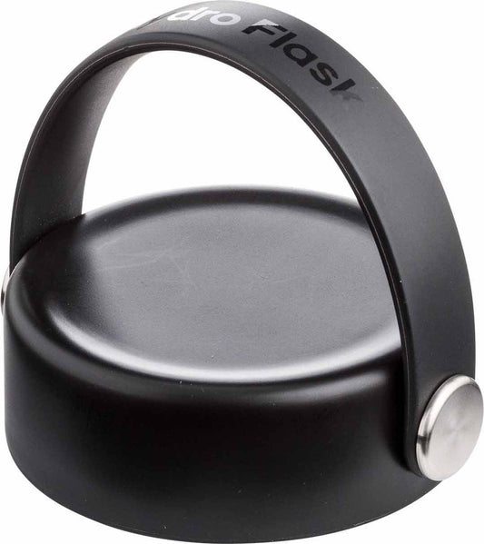 Black water bottle cap with black handle, with the text "dro Flask" written in a circular pattern on the handle.