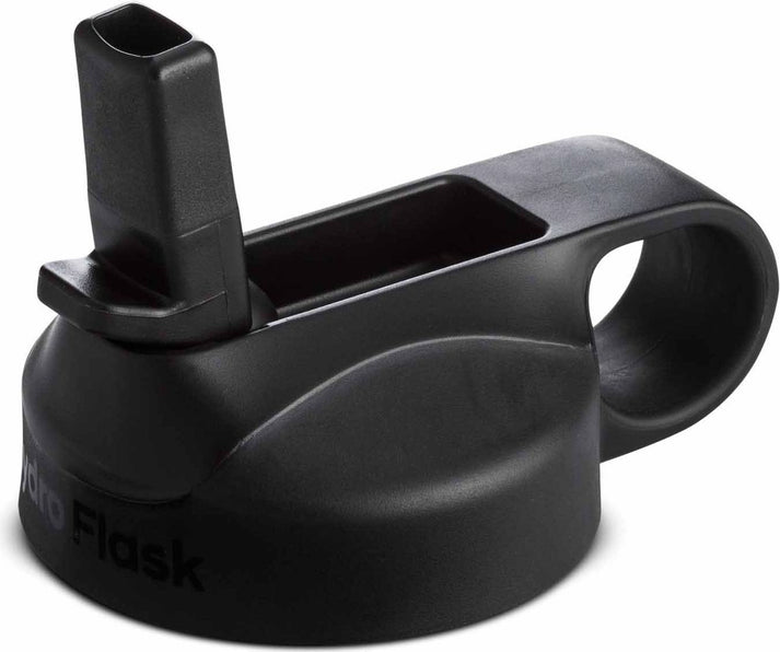Black bottle straw lid with finger loop.