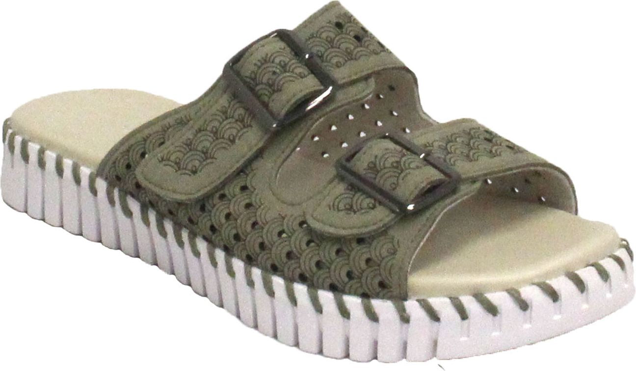 Olive green slide sandal with two adjustable buckle straps and a white ridged sole.