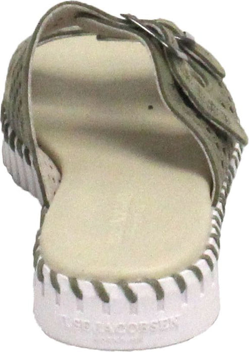 Sandal with adjustable buckle strap over the instep, textured footbed, and thick white sole with visible stitching.