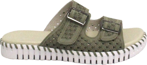 A pair of open-toed sandals with adjustable buckle straps, patterned design and white chunky soles.