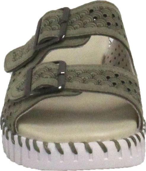 Green double-buckled sandal with perforated design.