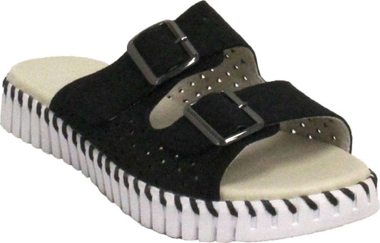 Black slide sandal with two adjustable buckle straps and a ribbed white sole.