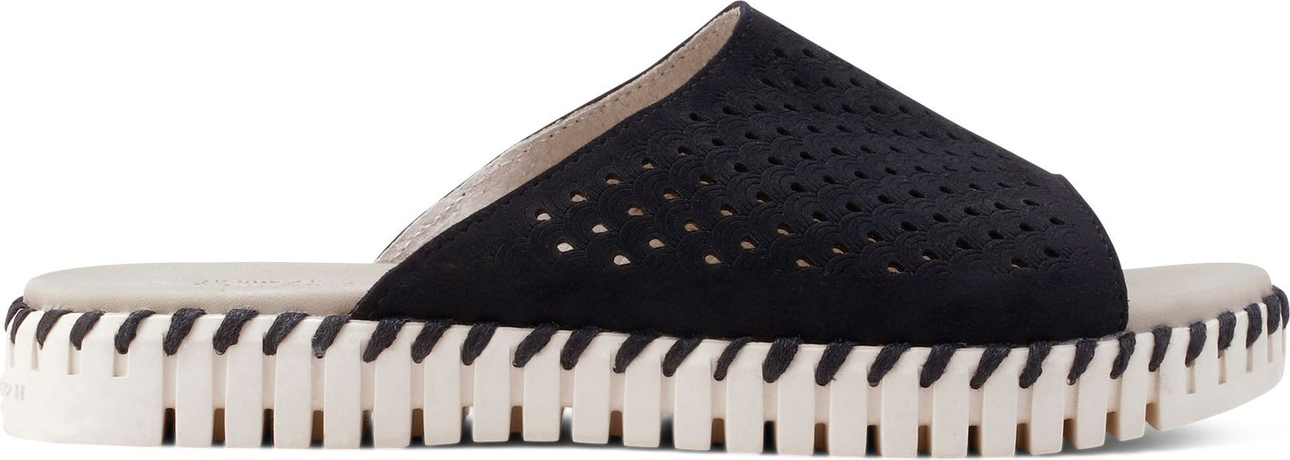 A black slip-on sandal with a white platform sole and perforated upper.