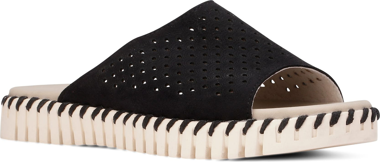 A black sandal with a textured sole.