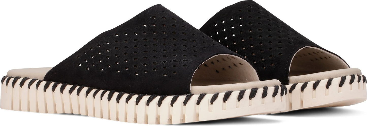A pair of black slides with a perforated upper and a white, ridged sole.