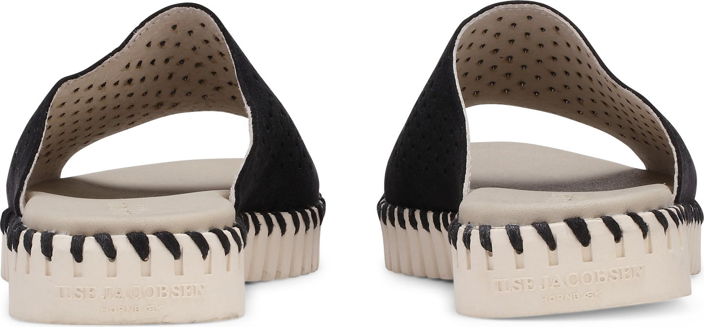 A pair of black slide sandals with a thick beige sole, viewed from the rear.