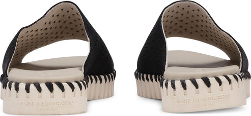 A pair of black slide sandals with a thick beige sole, viewed from the rear.