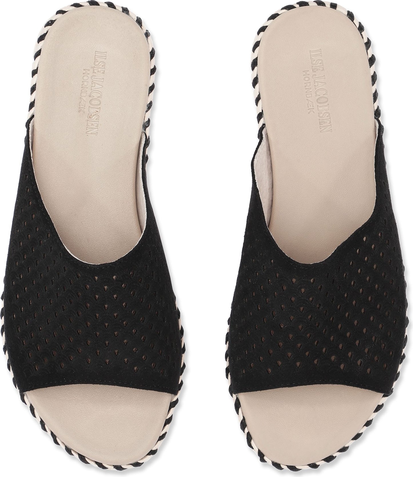 A pair of black, woven textured slip-on mule sandals with a cream insole and black and white patterned trim.