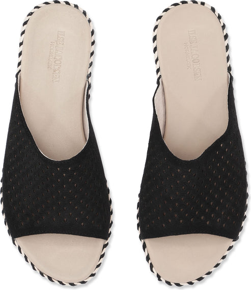 A pair of black, woven textured slip-on mule sandals with a cream insole and black and white patterned trim.