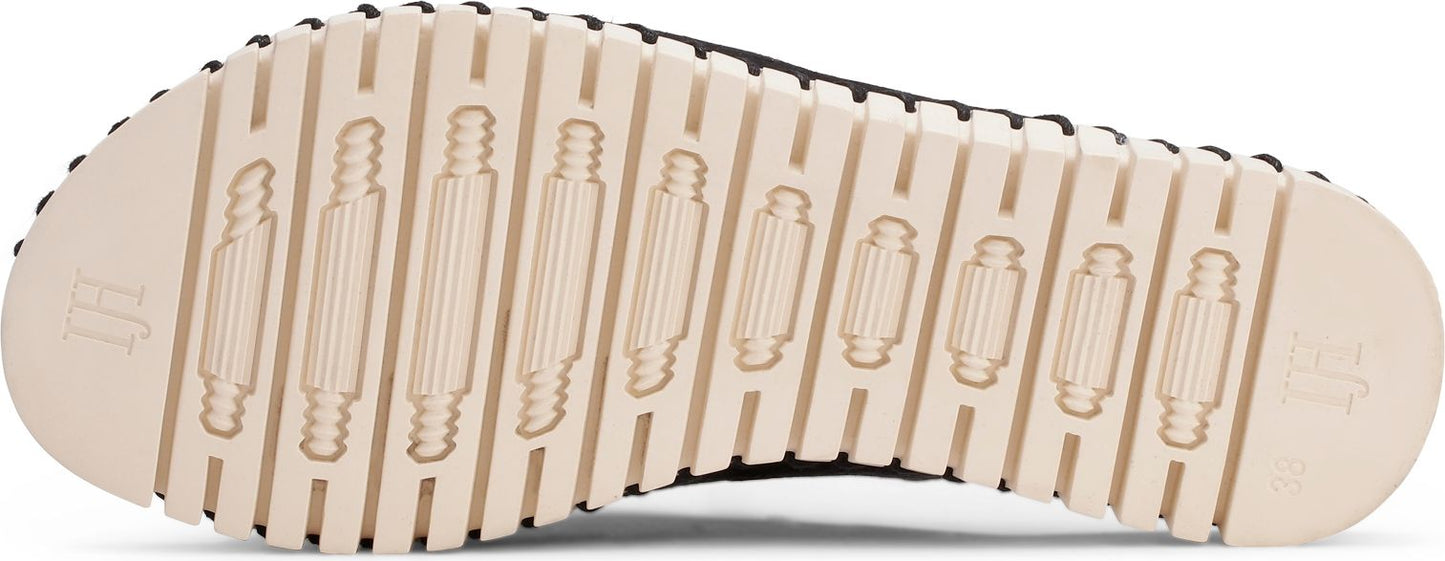 A shoe sole with ridged treads and "JH" branding on both ends.