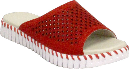 Red slide sandal with perforated upper and white fluted sole.