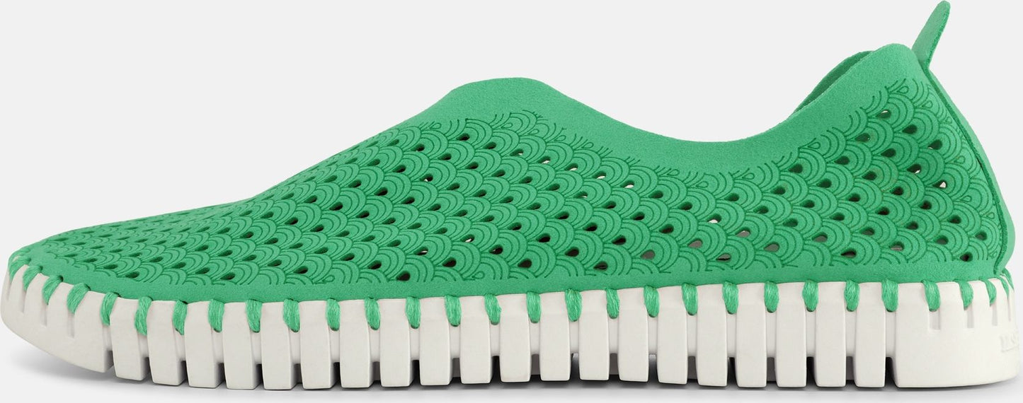 A green slip-on sneaker with a white treaded sole.