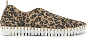 A leopard print slip-on shoe with a white sole.