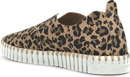 A leopard print slip-on shoe with a white ridged sole.