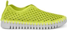 A bright yellow perforated slip-on shoe with a white sole.