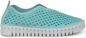 A mint green slip-on shoe with a white sole.