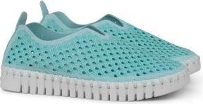 Aqua perforated slip-on shoe with white ridged sole.